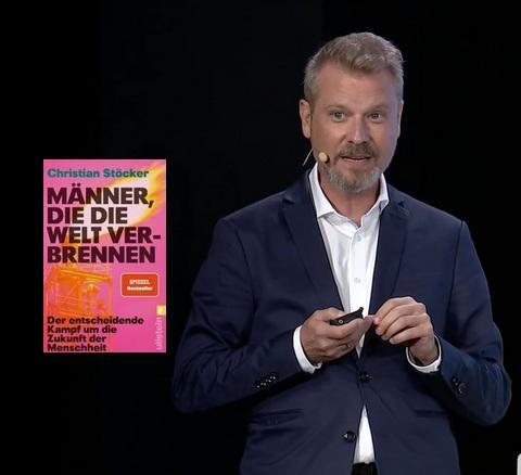 Foto Christian Stöcker mit Headset, Buchcover "Männer, die die Welt verbrennen"