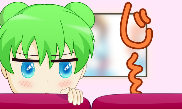 Jiiiii-chan staring back over a pink couch with green hair, blue eyes, and an orange Jiiiii~.