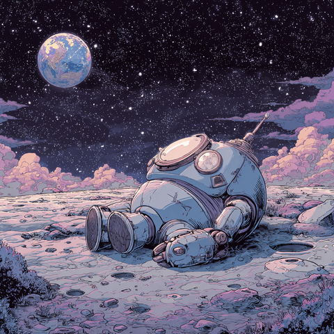 Midjourney Prompt: A charming 1950s retro comic style illustration of a sleeping robot on the moon's surface, vintage sci-fi aesthetic, dreamy moonscape with Earth visible in the starry sky, the robot has rounded retro design with chrome details curled up peacefully, soft pastel color palette with blues and purples, detailed craters and lunar rocks, whimsical retro space art style, crisp linework, nostalgic feel, highly detailed
