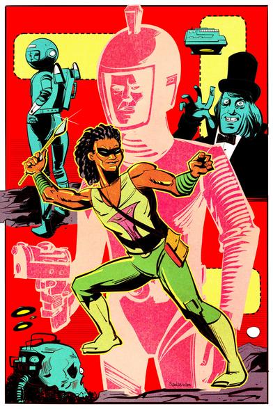A tribal hero with a domino mask wields a spear. Space men and women, and a rather bizarre old man with a top hat, are in the composition.