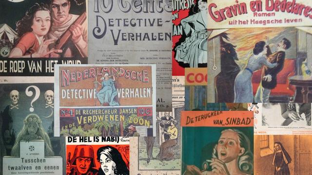 Een collage met kaften van pulpboekjes van zo'n 100 jaar geleden.