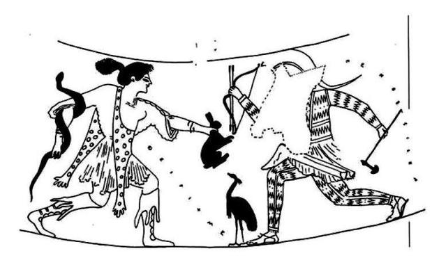 Drawing of a vase painting depicting a Thracian huntress courting the Amazon Penthesileia with a hare, a lover's gift typical for homoerotic courtship between male Greeks.