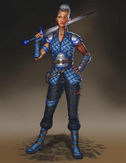 The image depicts a character standing in a confident pose, holding a sword over their shoulder. The character is wearing a blue and silver armored outfit with a quilted pattern, featuring a chest plate with a metallic emblem, shoulder guards, and a belt with a pouch. The pants are black with blue accents and have blue 'X' stitches. The character's boots are blue with brown straps. The character has a distinctive appearance with a mohawk hairstyle and visible scars on the face, suggesting a warrior or combatant role. The background is a gradient from dark to light, focusing attention on the character.