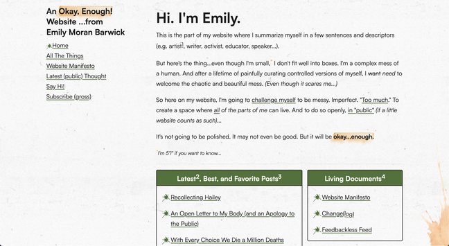 A screenshot of my website in light mode. The background has slight imperfections of dust particles and lint, almost like hand-made paper.