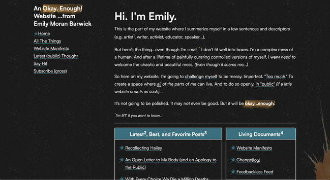 A screenshot of my website in dark mode. The background has slight specks of roughness, almost like it's been written on hand-pressed paper.