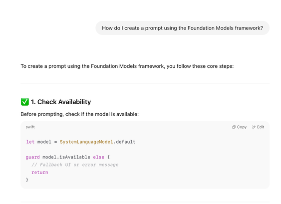 A custom GPT trained on the Foundation Models framework documentation.
