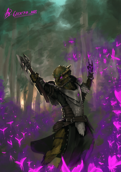 A digital illustration depicting an anthropomorphic pachycephalosaurus(the beaky, round-headed dinosaur believed to headbutt eachother), in the middle of a forest, raising their right arm while wielding an axe, and doing a "horns" sign with the other arm, summoning a swarm of bright insects that are flying towards the camera. They appear to be wearing a fantasy armor which is a mix of scalemail and some additional plates around the shoulders and neck.