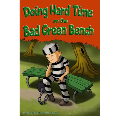 A forlorn looking young boy dressed in black striped prison garb with ball and chain attached to his leg sits on a bench under a tree.
