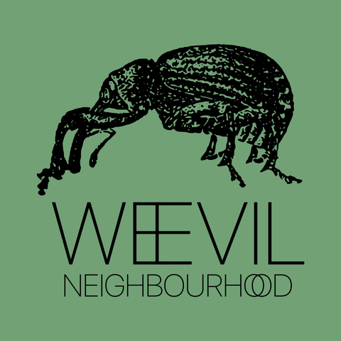 Weevil Neighbourhood label logo and word mark (green background)