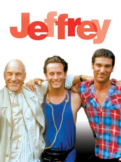 Poster for the movie Jeffrey with Patrick Stewart, Steven Weber and Michael T. Weiss, with their arms on each others' shoulders.