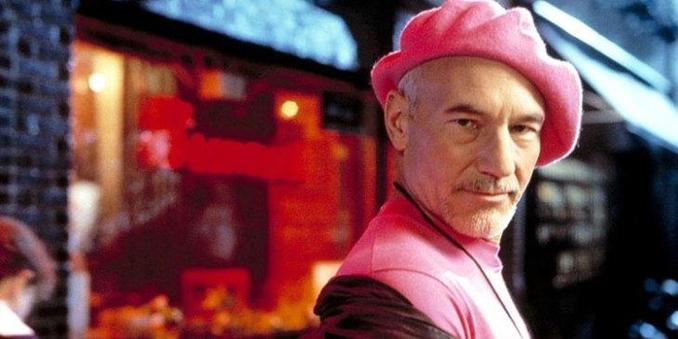 Patrick Stewart wearing a pink beret.