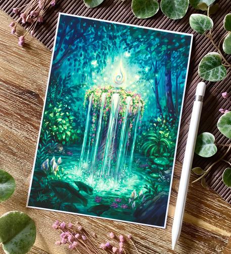 A digital painting of a fountain standing in an overgrown pond in the forest. Water is spilling down the fountain, a drop-shaped ivory stone hovering above it. Swamp lanterns, water lilies, and other aquatic plants grow around it and tiny white fairies flit around it.