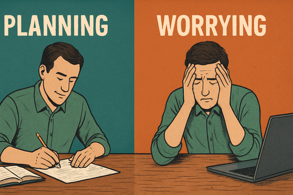 A split illustration of a man sitting at a desk. On the left (caption PLANNING), he is focused and writing. On the right (caption WORRYING), he is sitting unhappily, head in hands.