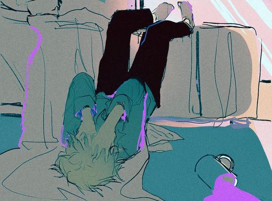 Fanart of Southpark's Tweek Tweak. Tweek falling out of bit. Coffee cup spilled next to him on the floor. Artist: wegotnofuture - Twitter page is dead.