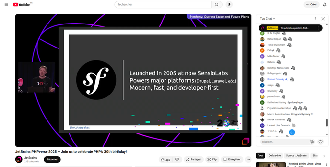 Nicolas Grekas' slides with the history of Symfony in a Youtube event and the chat on the right