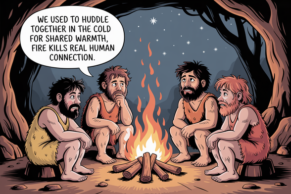 A cartoon with a group of cave men and women sitting around a fire. One caveman is saying, "We used to huddle together in the cold for shared warmth, Fire kills real human connection."