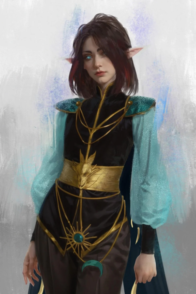 The image depicts a fantasy character with pointed ears, suggesting an elf-like appearance. The character is wearing a detailed and ornate outfit. The top is black with gold accents, featuring a high collar and intricate gold designs, including a prominent sunburst motif with a turquoise center at the waist. The sleeves are light blue, sheer, and puffed, adding a delicate touch to the ensemble. A gold belt cinches the waist, complemented by a blue-green cape with a scalloped edge. The background is a soft blend of white and blue, enhancing the ethereal quality of the scene. The character's hair is dark with red highlights, and their eyes are a striking blue, contributing to the overall mystical aesthetic.