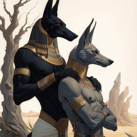 An AI drawing of Anubis and Wepwawet.