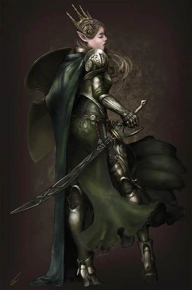The image depicts a fantasy character, likely an elf, standing in a dynamic pose. The character is wearing detailed armor with a green and silver color scheme, including a breastplate, shoulder guards, and gauntlets. A long, flowing green cape drapes over the armor, adding a regal touch. The character holds a large, ornate sword with a curved blade, suggesting a warrior's role. A crown with pointed extensions adorns the character's head, indicating a high status or leadership position. The character's hair is long and flows down the back, complementing the overall regal appearance. The background is a solid dark brown, which contrasts with the character's attire and highlights their features. The character's stance is confident and poised, with one leg slightly forward, suggesting readiness for action.