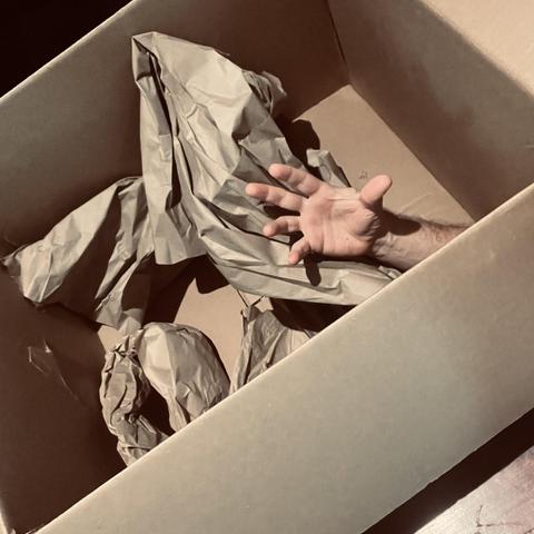 looking into a box that has some crumples brown paper and a live human hand!