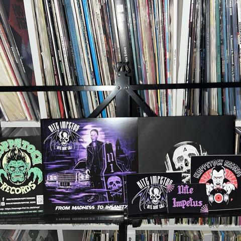 Ein Sortiment von Vinyl-Schallplatten, die in Regalen ausgestellt sind. Im Vordergrund steht das Albumcover von "Nite Impetus", das eine Figur neben einem Auto und einem Totenkopf zeigt und den Titel "From Madness to Insanity" trägt. Außerdem gibt es Aufkleber und Logos von "