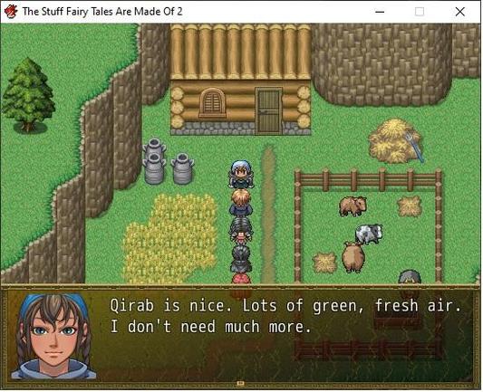 A screenshot from a retro-style RPG, showing an NPC and the party members outside a wooden house. There are fenced-in cows on the right and wheat growing on the left. A path leads to the house's door. The NPC's face can be seen in the text window at the bottom of the screen, together with her dialogue, which says: "Qirab is nice. Lots of green, fresh air. I don't need much more."