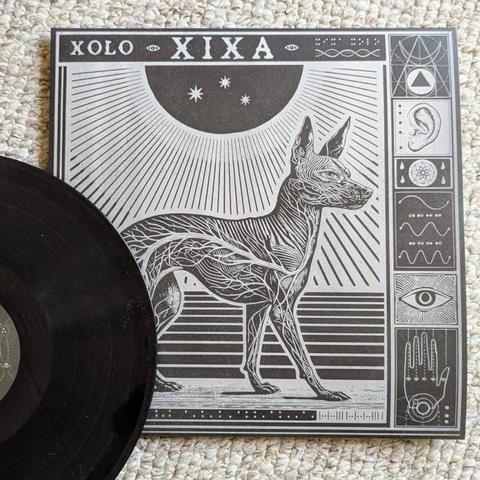 Ein künstlerisches Vinyl-Schallplattencover mit der stilisierten Darstellung eines Xolo-Hundes vor einem Sonnenschliff-Design. Um den Hund herum sind verschiedene komplizierte geometrische und symbolische Illustrationen, einschließlich Augen, Ohren und Hände. Eine schwarze Vinyl-Schallplatte liegt neben dem Album.