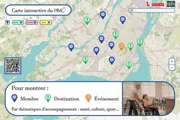 Concept de carte interactive pour présenter les membres qui utilisent les services d'accompagnement de l'OBNL PIMO ainsi que les lieux d'activités où se rendent les personnes vivant en fauteuil roulant.