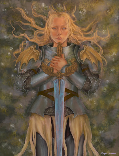 The image depicts a figure clad in medieval-style armor, standing in a natural setting. The armor is predominantly silver with gold accents, featuring wing-like shoulder guards and intricate designs. The figure holds a sword with a golden hilt, which has a winged emblem. The armor includes chainmail gloves and a belt with a brown strap. The figure's long, flowing blonde hair is styled in a way that suggests movement, possibly due to wind. The background is a blurred, greenish landscape with hints of white flowers, creating a mystical atmosphere. The figure's expression is serious and contemplative, with blue eyes. The overall color palette includes shades of silver, gold, green, and blue, contributing to a harmonious and ethereal visual effect.