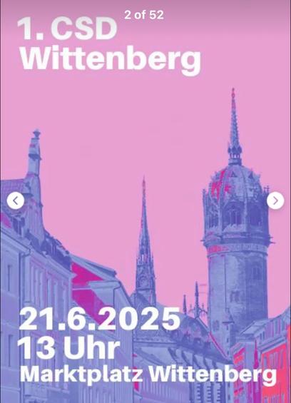Banner zur Veranstaltung: “1. CSD Wittenberg. 21.6.2025, 13 Uhr, Marktplatz Wittenberg.”