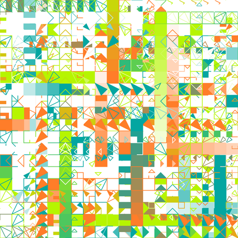 This generative artwork features a vibrant grid-like structure with overlapping geometric shapes in bright orange, green, blue, and teal hues, creating a dynamic and colorful mosaic.