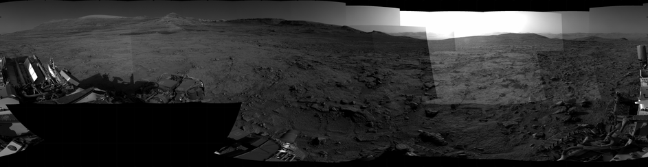 A grey scale mosaic capturing a Martian landscape. 