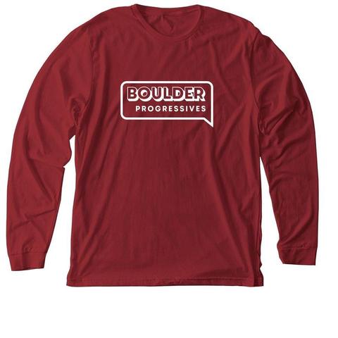 A red Boulder Progressives t-shirt with a white logo