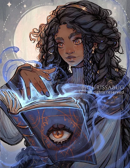 The image depicts a woman with long, curly black hair styled in braids, holding an open book with a blue cover. The book features an eye with an orange iris and intricate orange symbols. The woman's hand is hovering above the book, emitting a blue, ethereal glow, suggesting the use of magic or some form of mystical energy. The background is a soft, starry night sky with a full moon, enhancing the magical atmosphere. The woman is wearing a white sweater, and the overall color palette includes blues, oranges, and whites, creating a mystical and enchanting scene. The text "CHRISABUG all rights reserved" is visible in the bottom right corner, indicating the artist's signature.