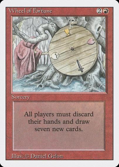 Card Name: Wheel of Fortune
Set: Revised Edition
Description: Each player discards their hand, then draws seven cards.
Artist: Daniel Gelon