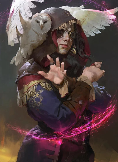 The image depicts a character with a mystical appearance, set against a dark background with a hint of a fiery glow. The character is wearing a hooded cloak with a rich blue and red color scheme, adorned with gold embroidery and fringes. The cloak features a brown shoulder piece with a circular emblem. The character has long dark hair and is wearing a steampunk-style monocle on their right eye, which is covered by a patch. They are holding out their left hand, palm facing outward, as if casting a spell, with a pink magical aura swirling around it. A large white owl with outstretched wings is perched on the character's left shoulder, adding to the mystical theme. The character's right hand is clasped in front of them, and they are wearing a ring on their left hand. The overall composition and color palette suggest a fantasy or steampunk setting.