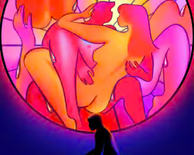 The image features a vibrant, circular artwork with abstract human figures in warm colors such as red, orange, and pink. The figures are depicted in a stylized manner, with flowing lines and exaggerated forms, suggesting movement and intimacy. The background of the artwork is a gradient of blue, enhancing the vividness of the central figures. In the foreground, there is a silhouette of a person, facing the artwork, which creates a sense of scale and perspective. The overall composition is dynam…