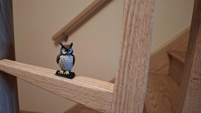 A close look at custom oak banister resembling trees with an owl on a limb
