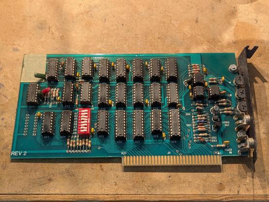 A nondescript-looking ISA card, except it has two video connectors on the bracket along with 3 trimmer potentiometers