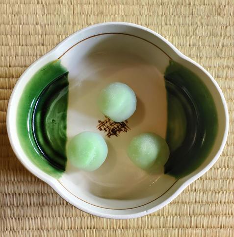 Vivid green sweets mimicking ripe ume fruits.