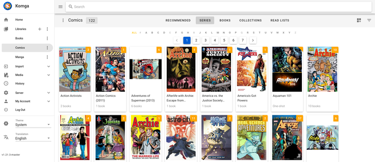 Komga media server showing part of my digital comics collection.