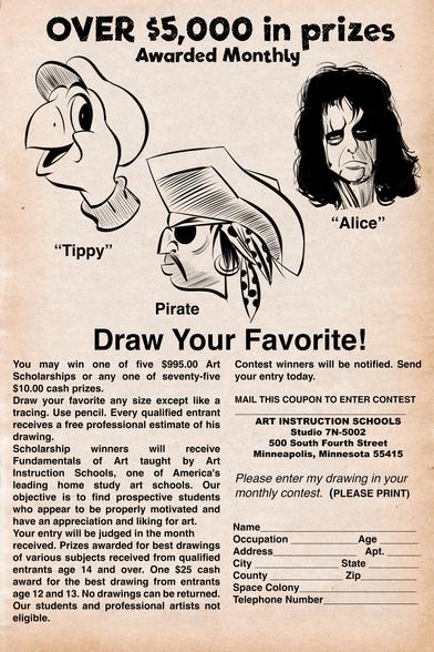 A mock-up ad that asks the reader to draw one of three characters for $5000 in prizes.