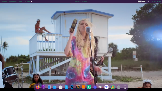 A screenshot consisting of a translucent gnome top bar with neon green menus and the bottom dash visible as a dock that is translucent purple as well. The background is the music video Fucked Up World by The Pretty Reckless showing Taylor Momsen in her tie dye shirt singing at the microphone.
