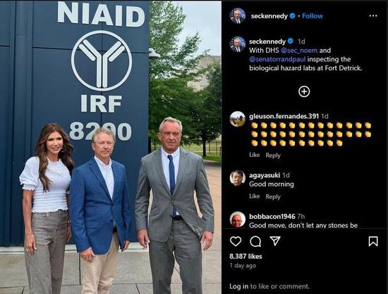 A screenshot of RFK Jr's instagram post showing a dark grey blue NIAID facility sign, Kristi Noem, Rand Paul, and RFK Jr himself standing in front of it. The post from the day before Noem's hospitalization on 17 June, 2025 states "With DHS @sec_noem and @senatorrandpaul inspecting the biological hazard labs at Fort Detrick"

There are insipid but positive comments, some, of which are partially visible, the first one being 36 hand clapping emojis., 
