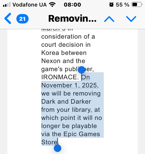 On November 1, 2025, we will be removing Dark and Darker from your library, at which point it will no longer be playable via the Epic Games Store.