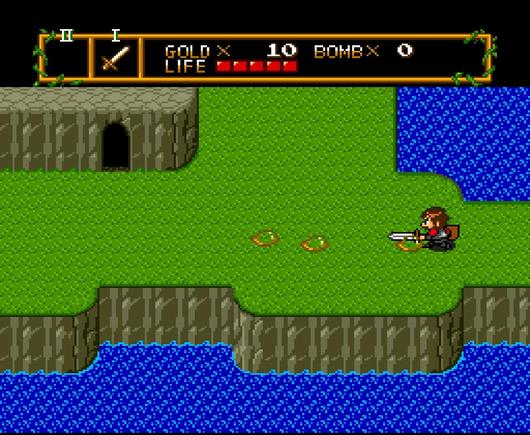 Screenshot of Neutopia for the NEC PC Engine/TurboGrafx-16. The hero, a young warrior named Jazeta, engages in some sworded affairs.