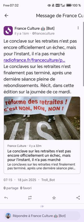 Capture d'écran d'un pouet de France Culture à propos du conclave des retraites reprenant l'expression de Macron "je ne dirais pas que c'est échec mais ça n'a pas marché"