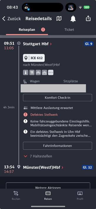 Screenshot aus dem DB Navigator unserer Zugverbindung mit über einer Stunde Verspätung bei Abfahrt.