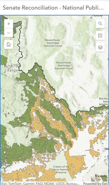 This map, which shows an area along the Idaho/ Montana border, clearly shows that the great public land sell off does not include any land in Montana. Forest Service lands are in green,  BLM lands are in brown.