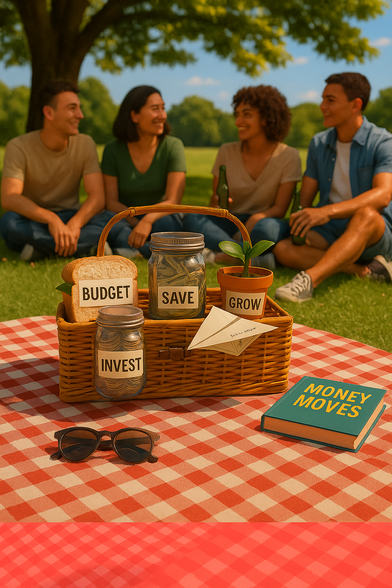 A sunny park picnic scene with four friends sitting on a red-and-white checkered blanket under a large tree, smiling and enjoying drinks. In the foreground, a wicker picnic basket contains labeled financial items: a sandwich labeled "BUDGET," a mason jar of coins labeled "INVEST," a jar of cash labeled "SAVE," a small potted plant labeled "GROW," and a paper airplane labeled "DEBT-FREE." Nearby are sunglasses and a book titled "MONEY MOVES." The atmosphere is warm, cheerful, and inviting.